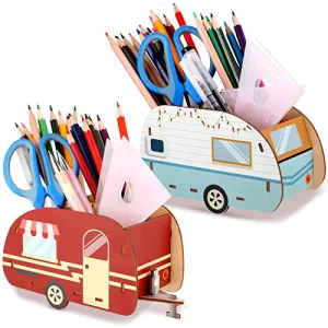2 Packs Vintage Camper Pencil Holder Camper Desktop Collection Retro Pen Holder Funny Desk Organizers and Accessories Happy Camper Trailer Decor for Student Worker Traveler Home Office, Red, Blue