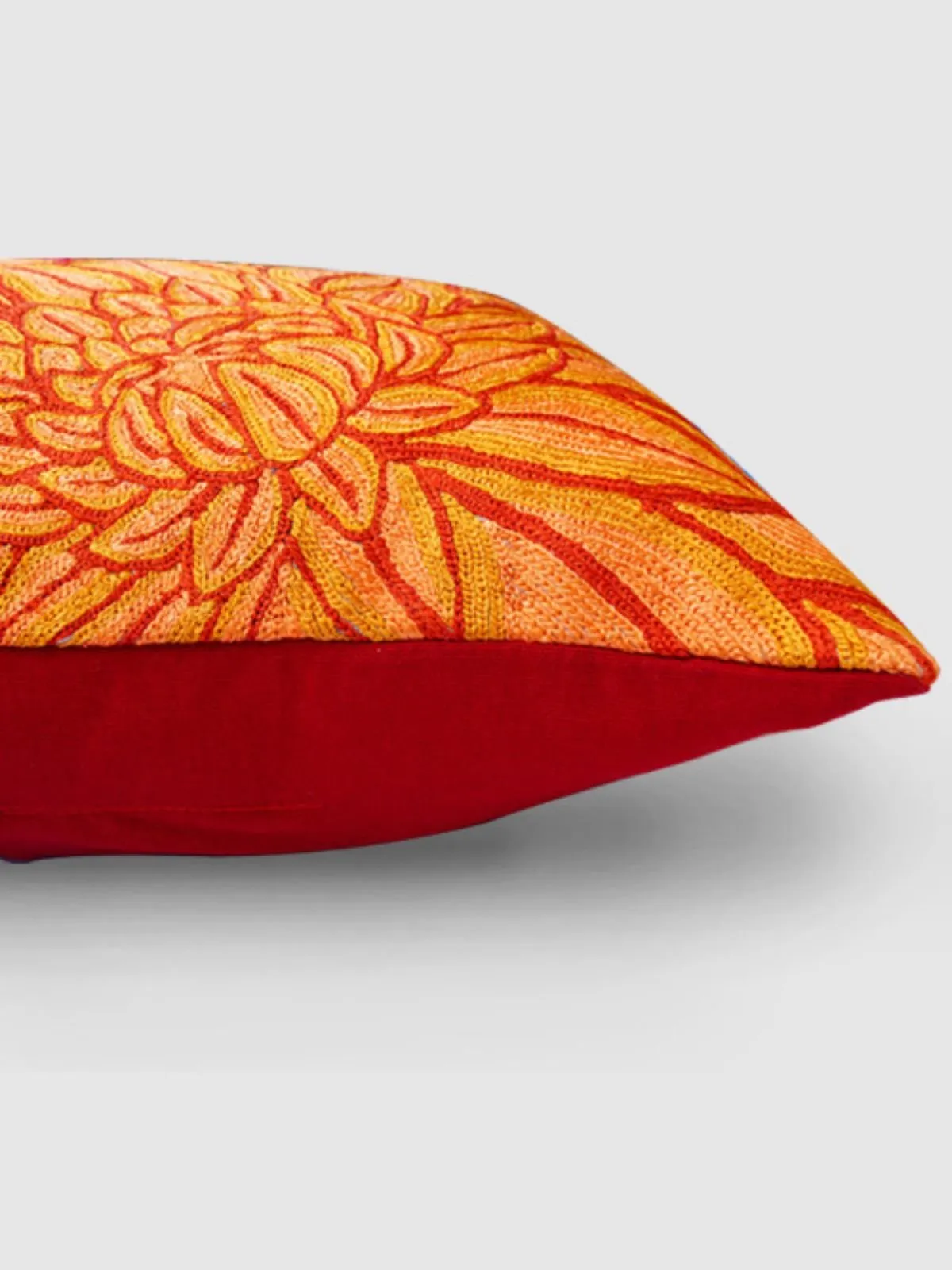Aster Chainstitch Embroidered Cushion Cover Red & Yellow