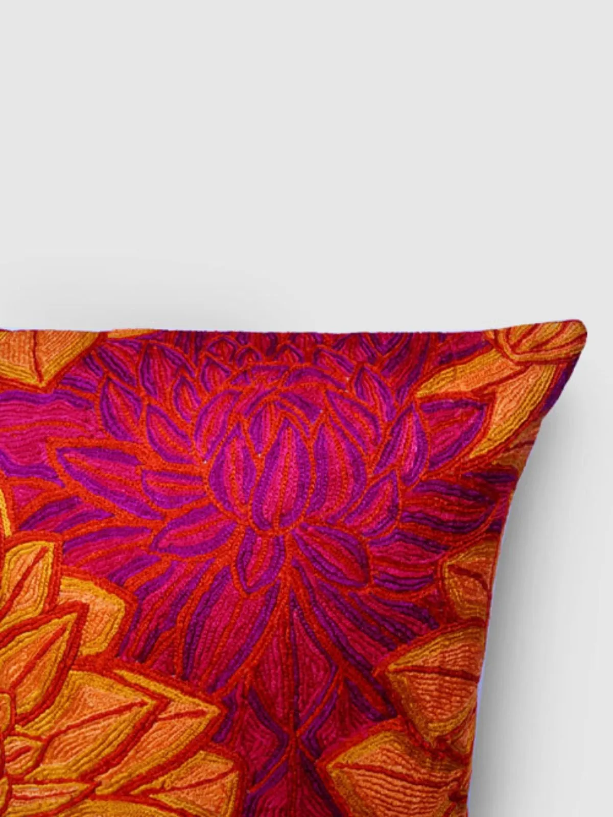 Aster Chainstitch Embroidered Cushion Cover Red & Yellow