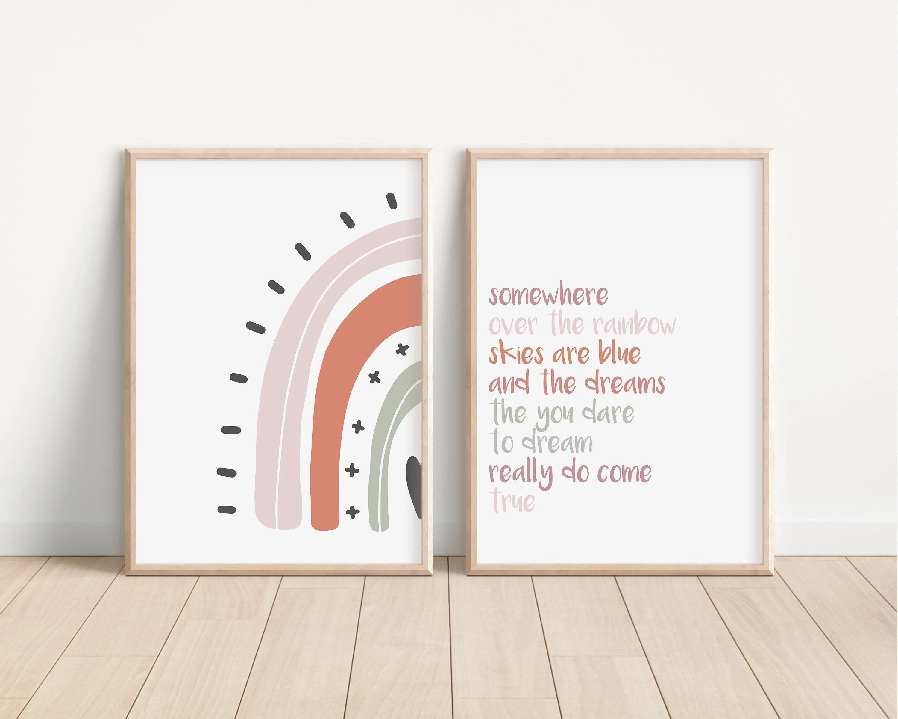 Boho Rainbow Set of 2 Nursery Prints, Over the Rainbow, Boho Nursery Wall Art, Pink Artwork, Nursery Artwork, Boho Nursery Artwork 027