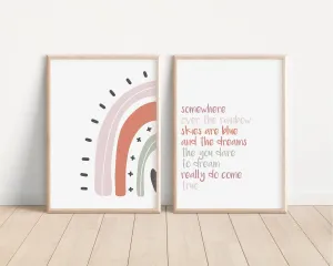 Boho Rainbow Set of 2 Nursery Prints, Over the Rainbow, Boho Nursery Wall Art, Pink Artwork, Nursery Artwork, Boho Nursery Artwork 027