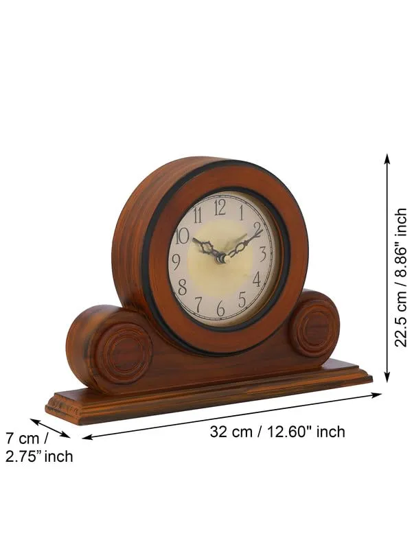 CRAFT SMITH Beautiful Brown Colour Wooden Home/Office Decor English Numerals Round Golden Colour Dial Analog Table/Desk Clock for Home Living Room (Size: 22 x 7 x 32 CM | Weight: 1275 grm)