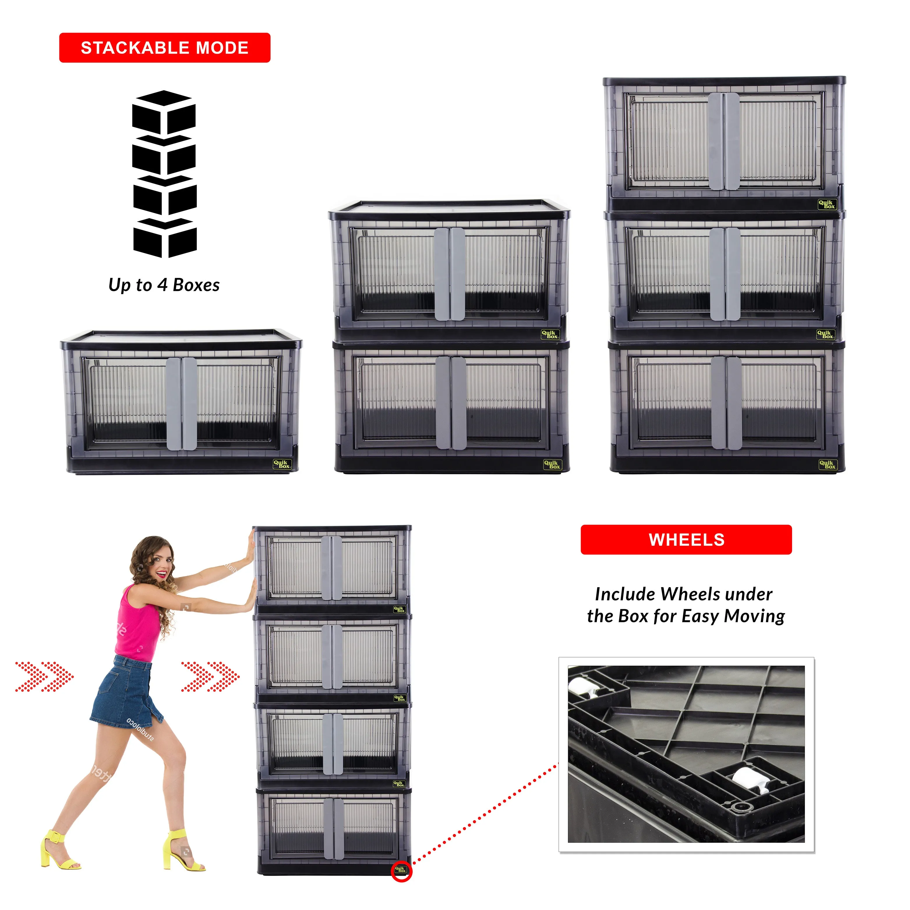 dbest products Quik Box - 19 Gallon Stackable Storage Bins with Doors, Collapsible Organizer Foldable Container, for Bedroom Living Room Kitchen Neat, Tidy Dorms and Organized Homes, Boxes