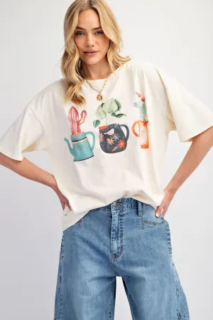 Easel Ecru T-Shirt With Graphic Cactus Planted In Tea Pots