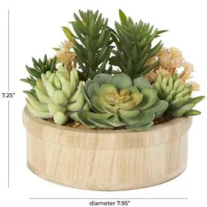 Green Faux Foliage Artifical Plant with Brown Wooden Pot - 8" X 8" X 7"