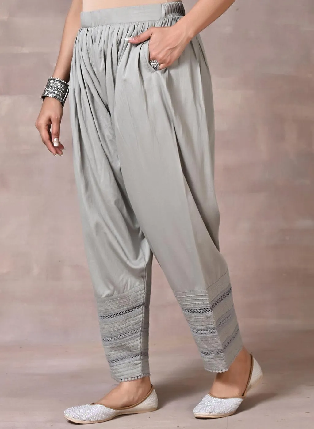 Grey Salwar with Elastic Waist Band & Pleats
