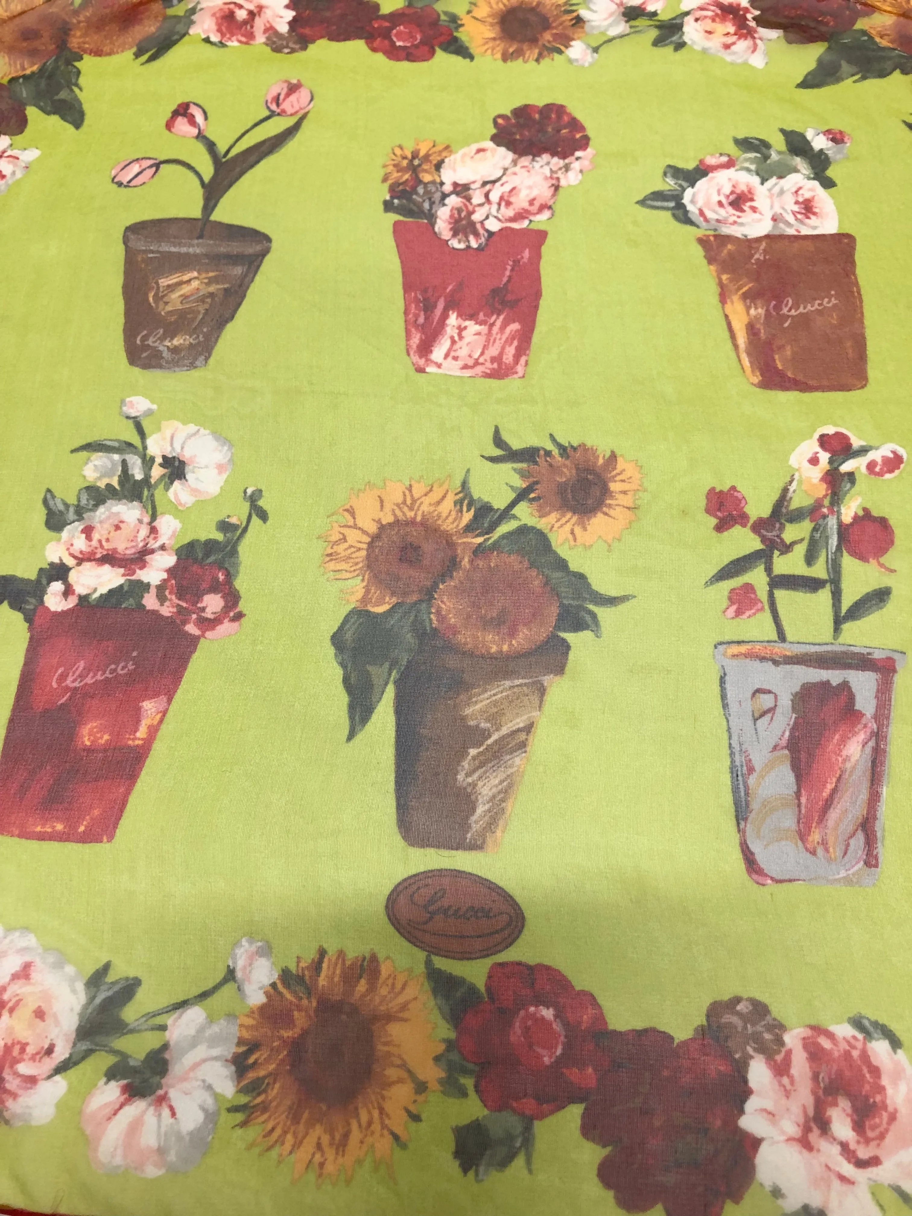 GUCCI SHEER SILK FLOWER POT SQUARE HANDKERCHIEF SCARF