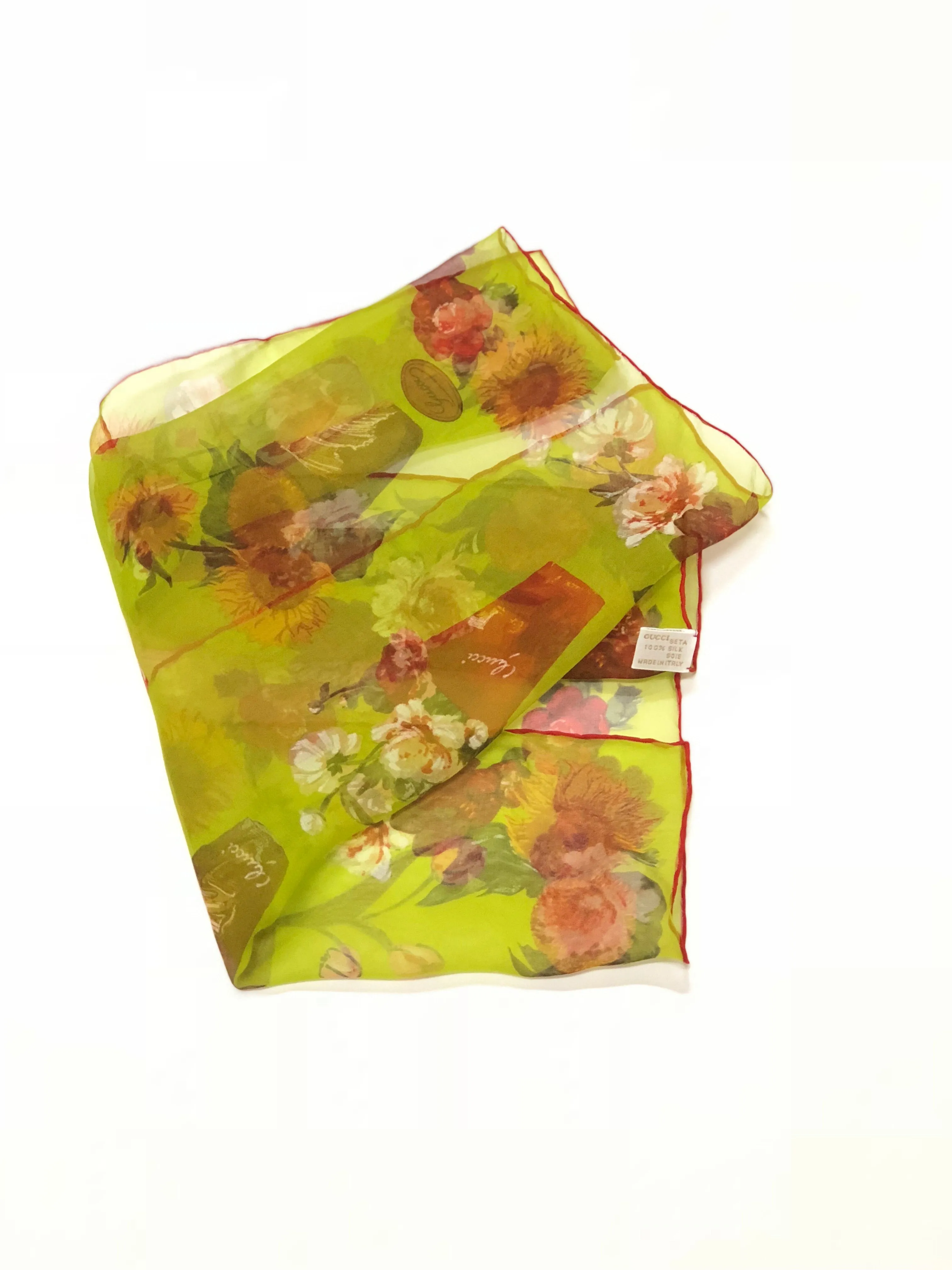 GUCCI SHEER SILK FLOWER POT SQUARE HANDKERCHIEF SCARF