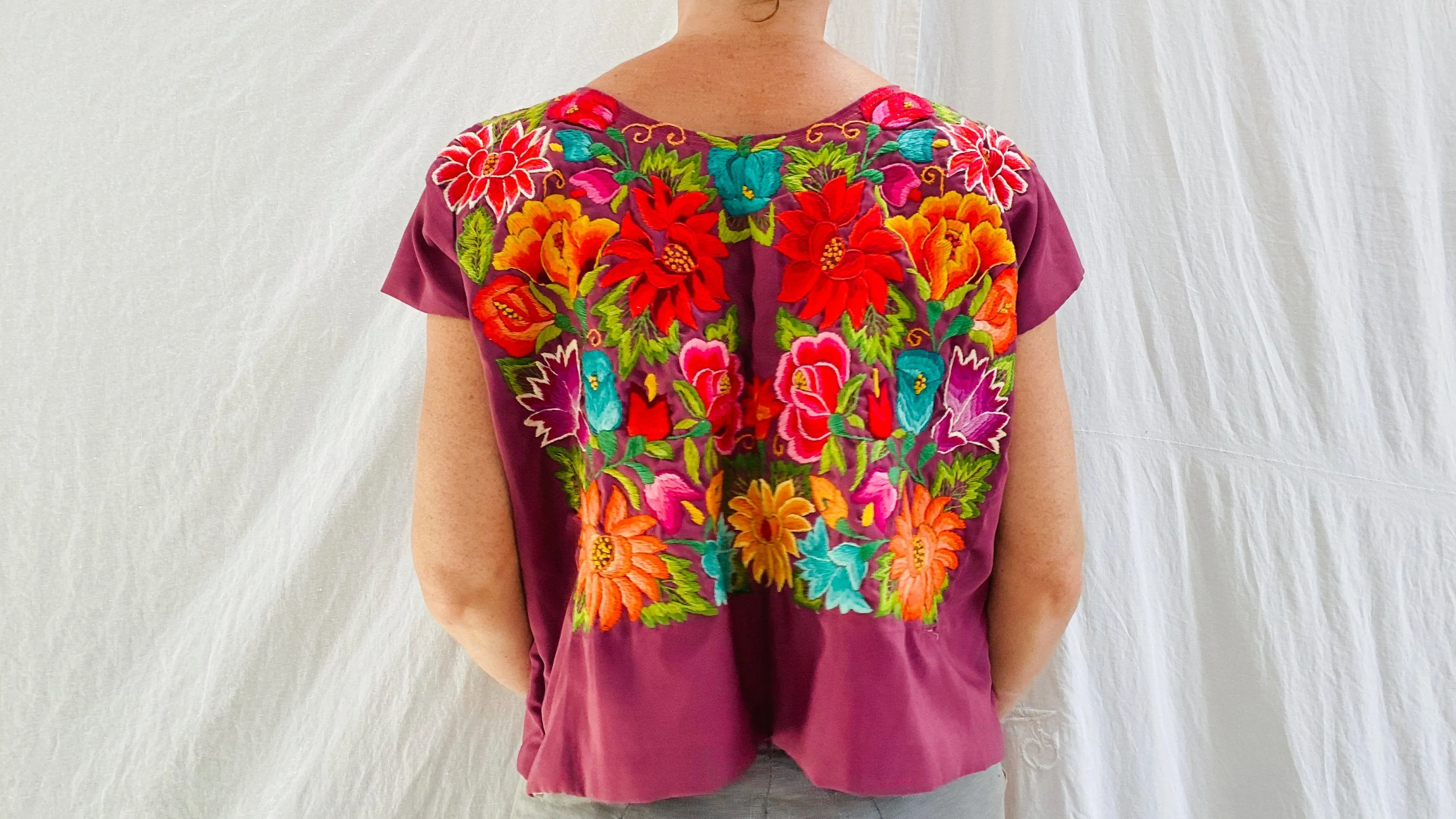 Hand Embroidered Tehuana Huipil aka Frida Kahlo Blouse. Oaxaca, Mexico. Vintage. Rare