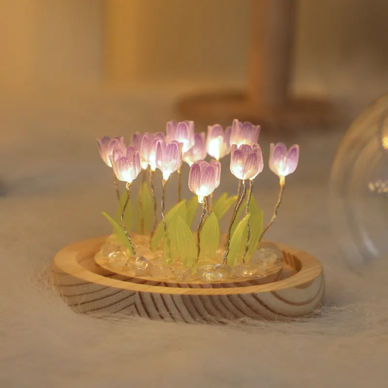 (Sixteen Purple Tulips) Glowing Tulip Dome Lamp | Wooden Base | Bedside Table Decoration