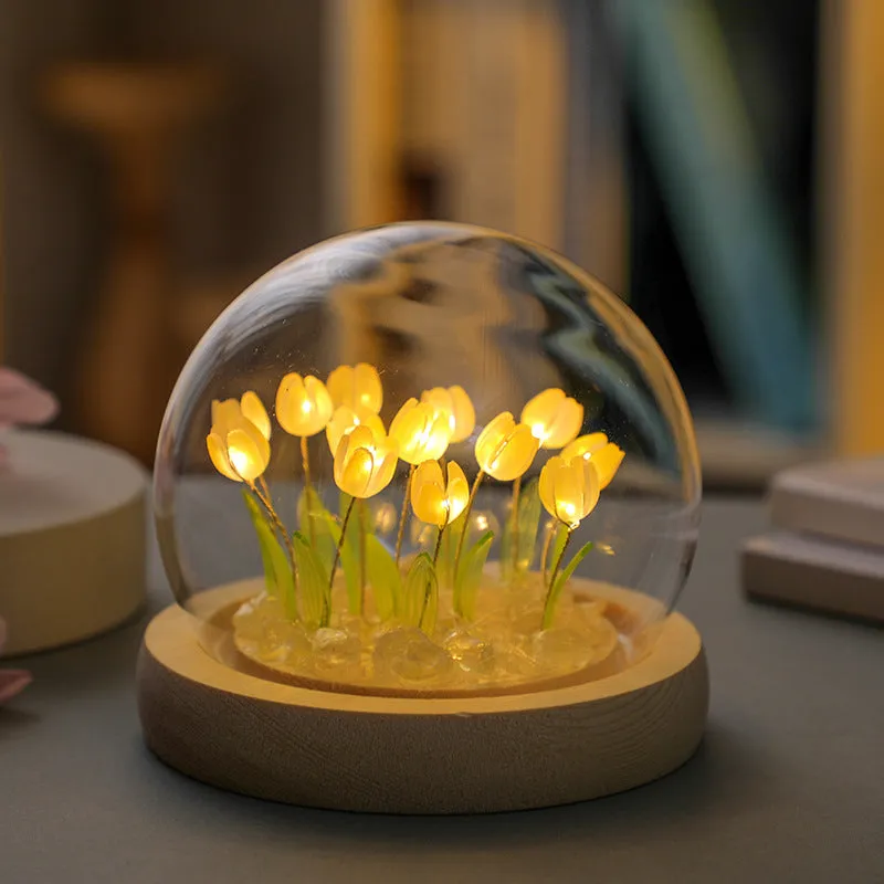 (Sixteen Yellow Tulips) Glowing Tulip Dome Lamp | Wooden Base | Bedside Table Decoration