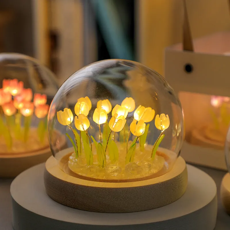 (Sixteen Yellow Tulips) Glowing Tulip Dome Lamp | Wooden Base | Bedside Table Decoration