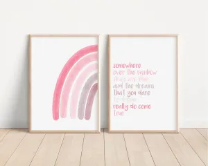 Somewhere Over The Rainbow Set of 2 Nursery Prints, Pink Boho Nursery Wall Art, Colorful Artwork, Nursery Artwork, Boho Nursery Artwork 007