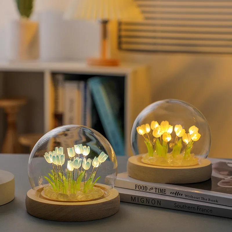 (Thirteen Blue Tulips) Glowing Tulip Dome Lamp | Wooden Base | Bedside Table Decoration