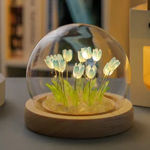 (Thirteen Blue Tulips) Glowing Tulip Dome Lamp | Wooden Base | Bedside Table Decoration