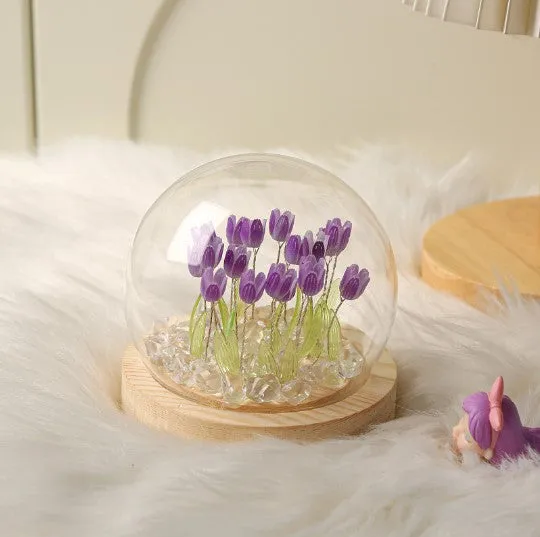 (Thirteen Purple Tulips) Glowing Tulip Dome Lamp | Wooden Base | Bedside Table Decoration